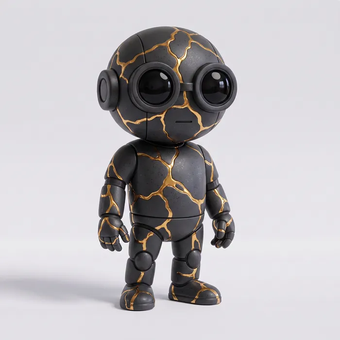 Kintsugi Dark: a dark robot with gold-filled seams running across its body.