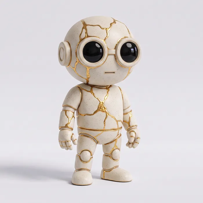 Kintsugi White: a pale robot with gold-filled seams running across its body.