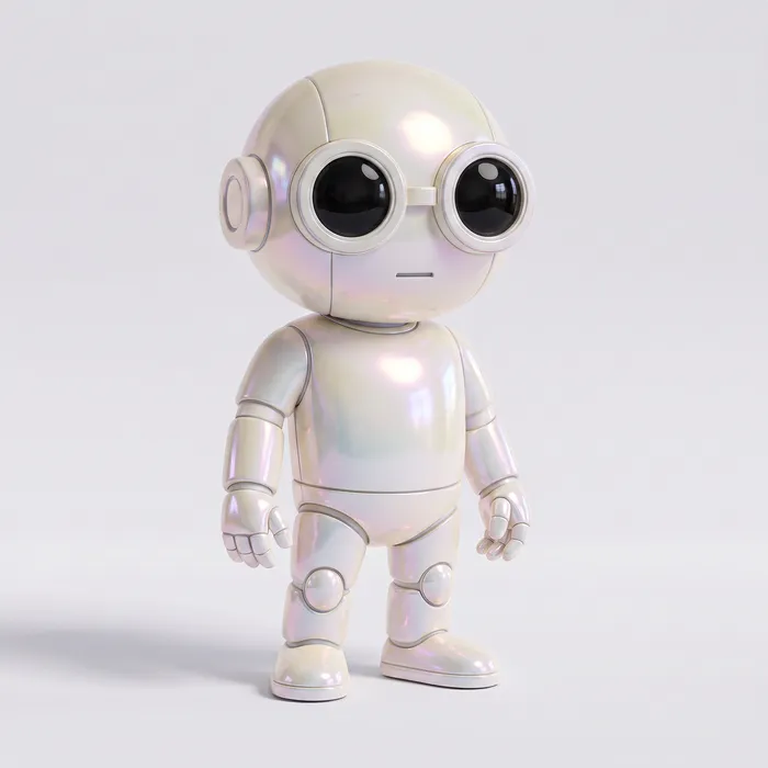Porcelain: a pearlescent white robot with round black-lensed goggles.